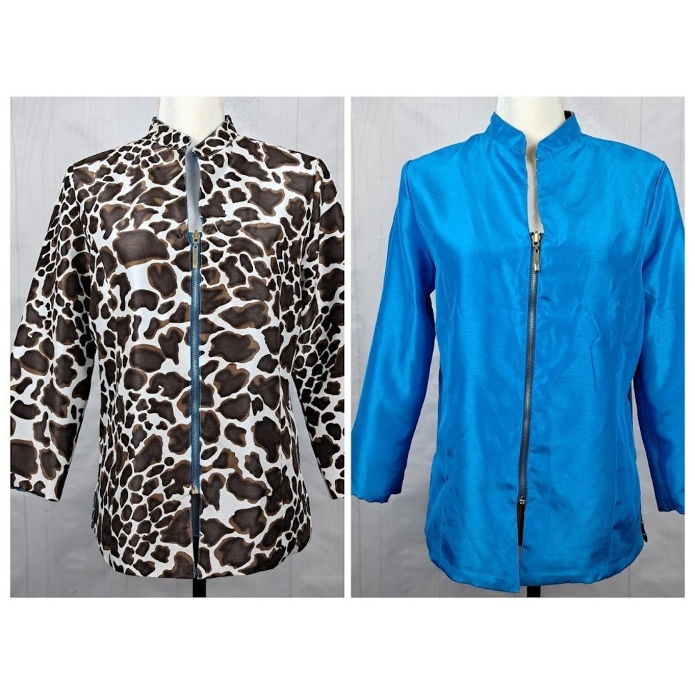 NWT LISA INTERNATIONAL S Reversible Solid Bright Blue/Giraffe Print Zip Jacket